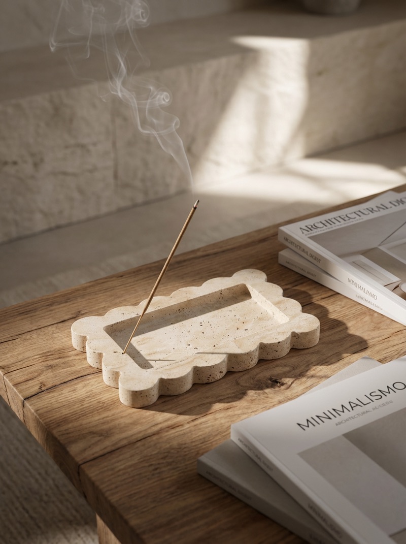 LINE Incense Holder in use, travertine incense holder