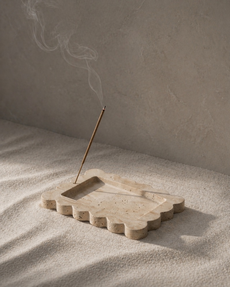 LINE incense holder in raw travertine