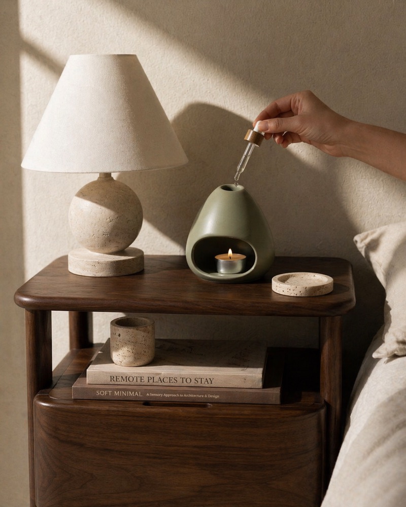 VESSEL oil burner in sage ceramic with a tealight
